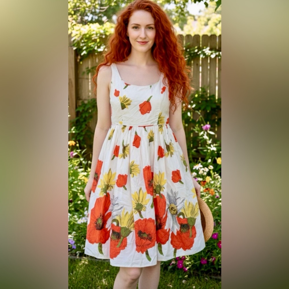 MOULINETTE SOEURS Anthropologied Red Yellow Floral Fit Flare Midi Dress 4